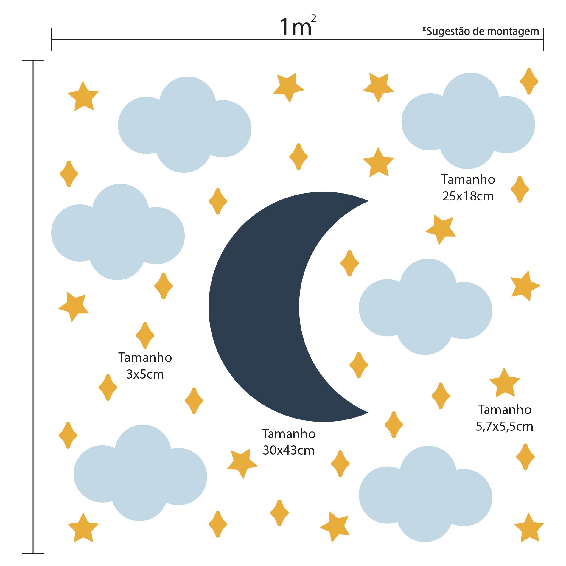 Adesivo de Parede Lua Estrelas e Nuvens Azul