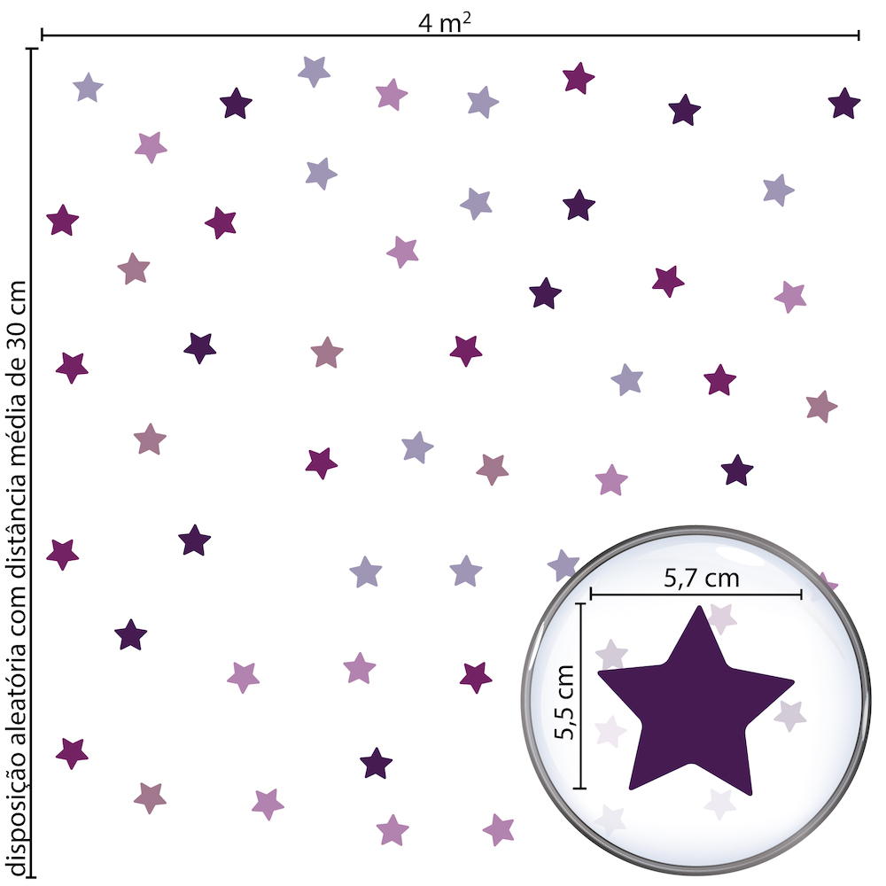 Imagem detalhada mostrando adesivos de estrelas roxas e lilás com dimensões para aplicação em parede.