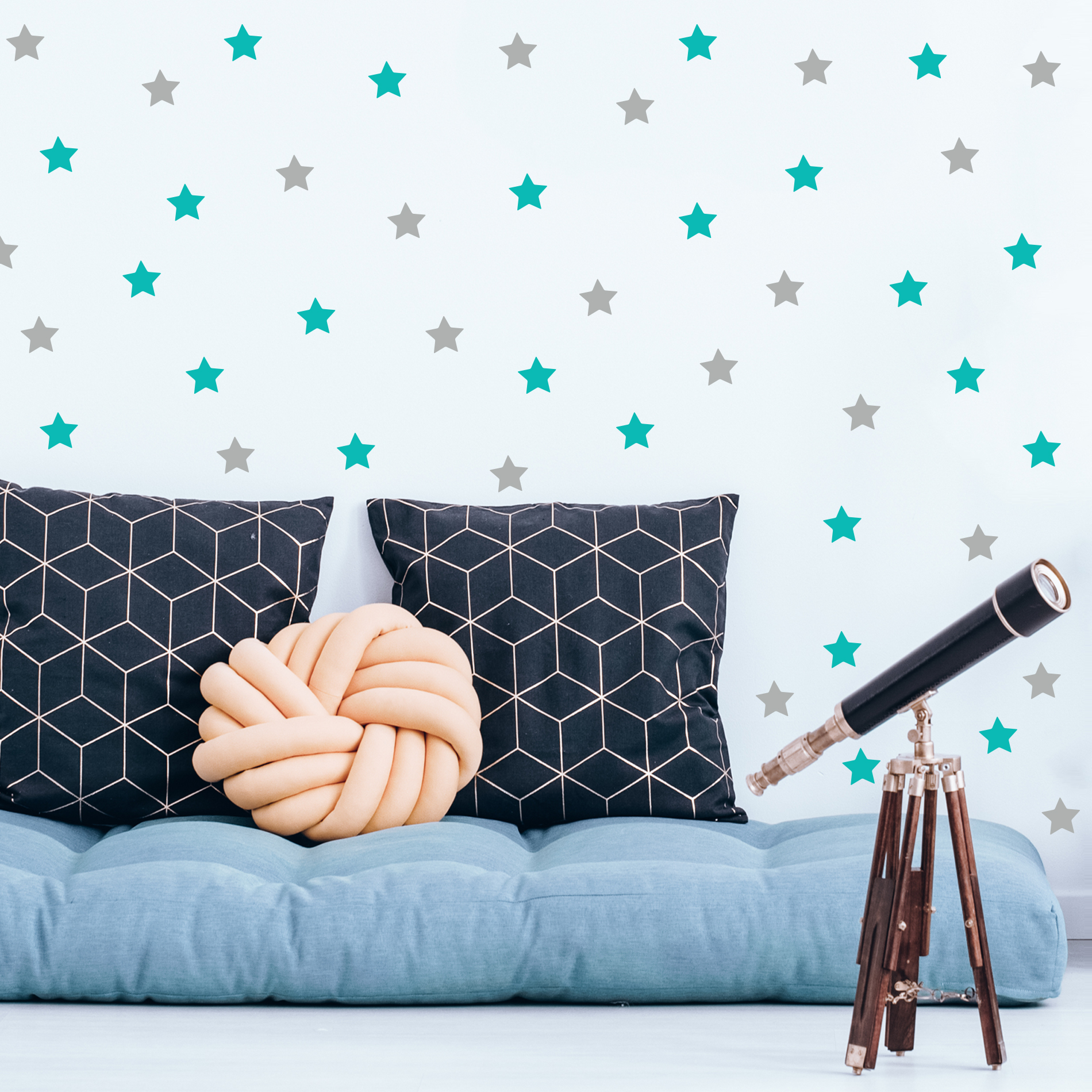 Adesivo de Parede Infantil Estrelas Cinza e Turquesa