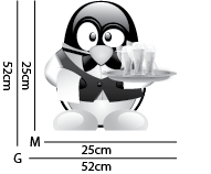 Imagem técnica do adesivo de geladeira pinguim gigante mostrando dimensões de 52x52 cm