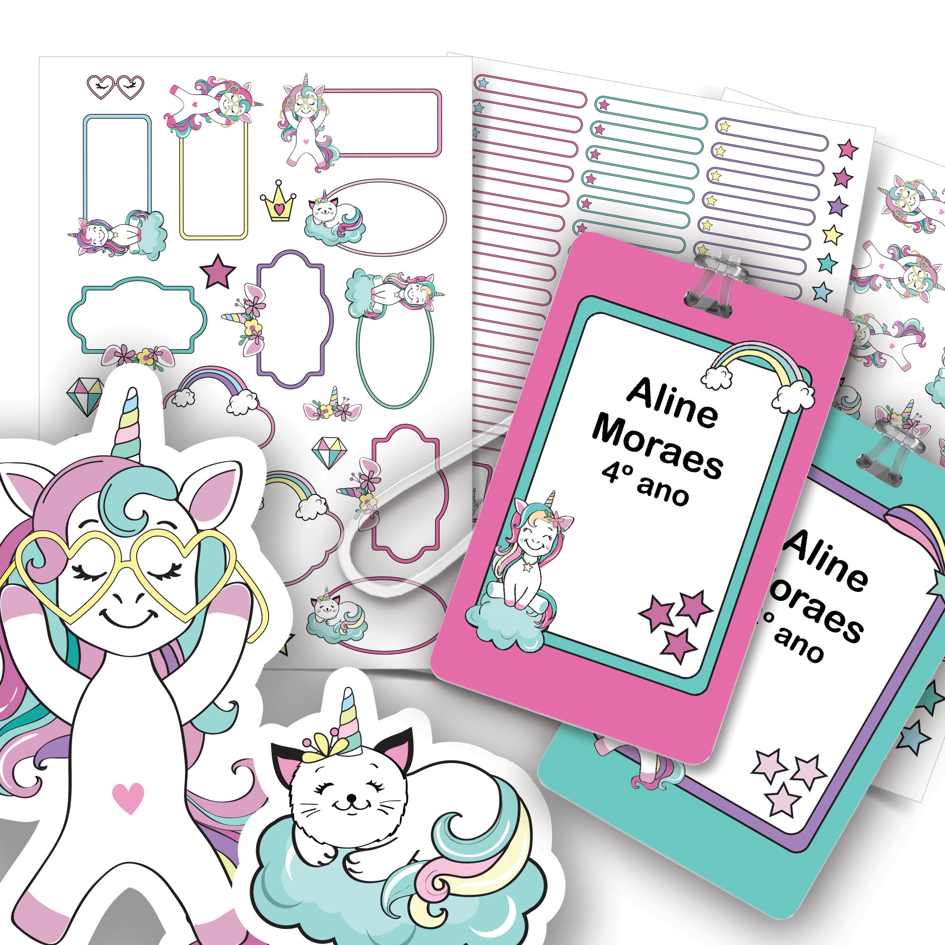 Etiquetas escolares unicornio personalizadas com tags