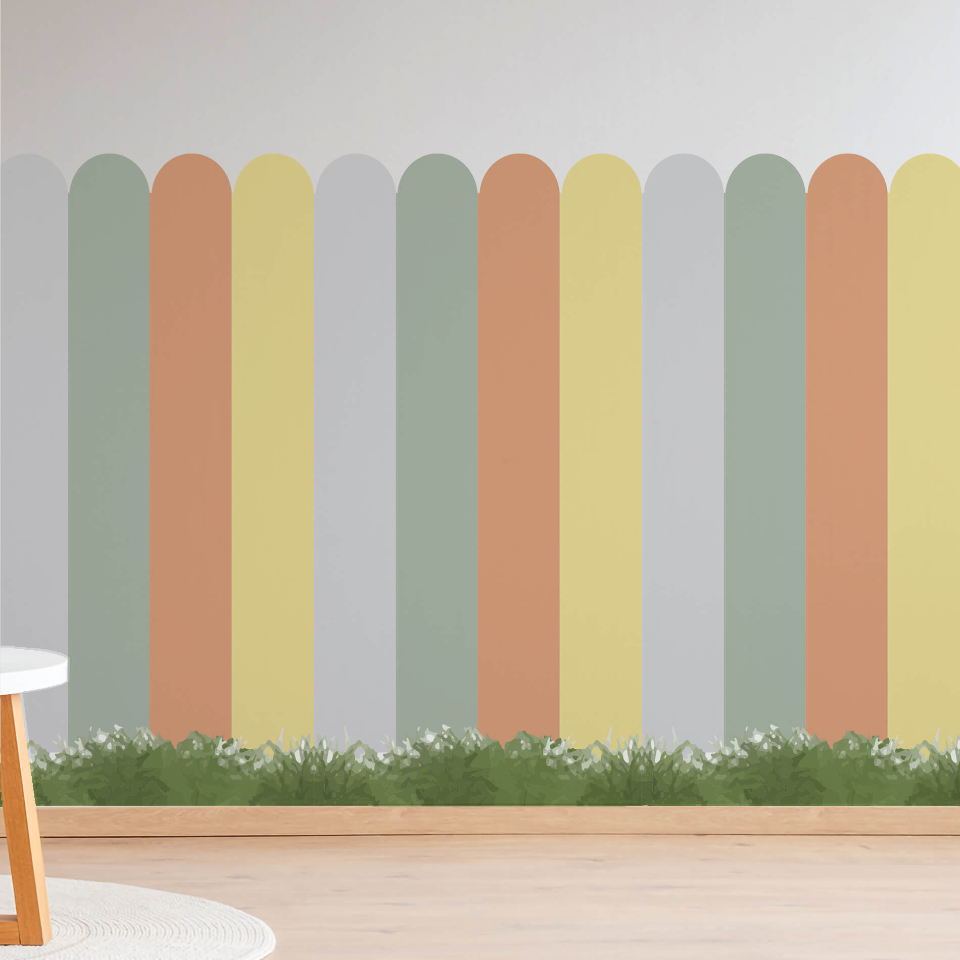 Adesivo de parede infantil com padrão de cerca em várias cores pastel, ilustrando versatilidade e design colorido.