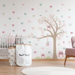 Adesivo De Parede para Quarto Menina Árvore Coruja Corações