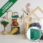 Adesivo de Parede Quarto Infantil Macacos com Livreiro Grama