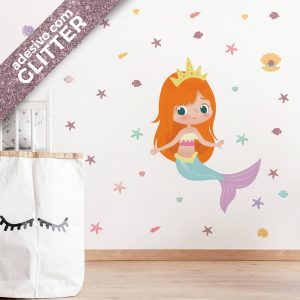 Adesivo de Sereia Infantil Menina Cabelo Ruivo Liso Glitter