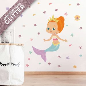 Adesivo de Sereia Infantil Menina Cabelo Ruivo Preso Glitter