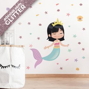 Adesivo de Sereia Menina Asiática Cabelo Preto Curto Glitter