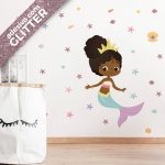 Adesivo Sereia Infantil Menina Negra Cabelo Crespo Glitter
