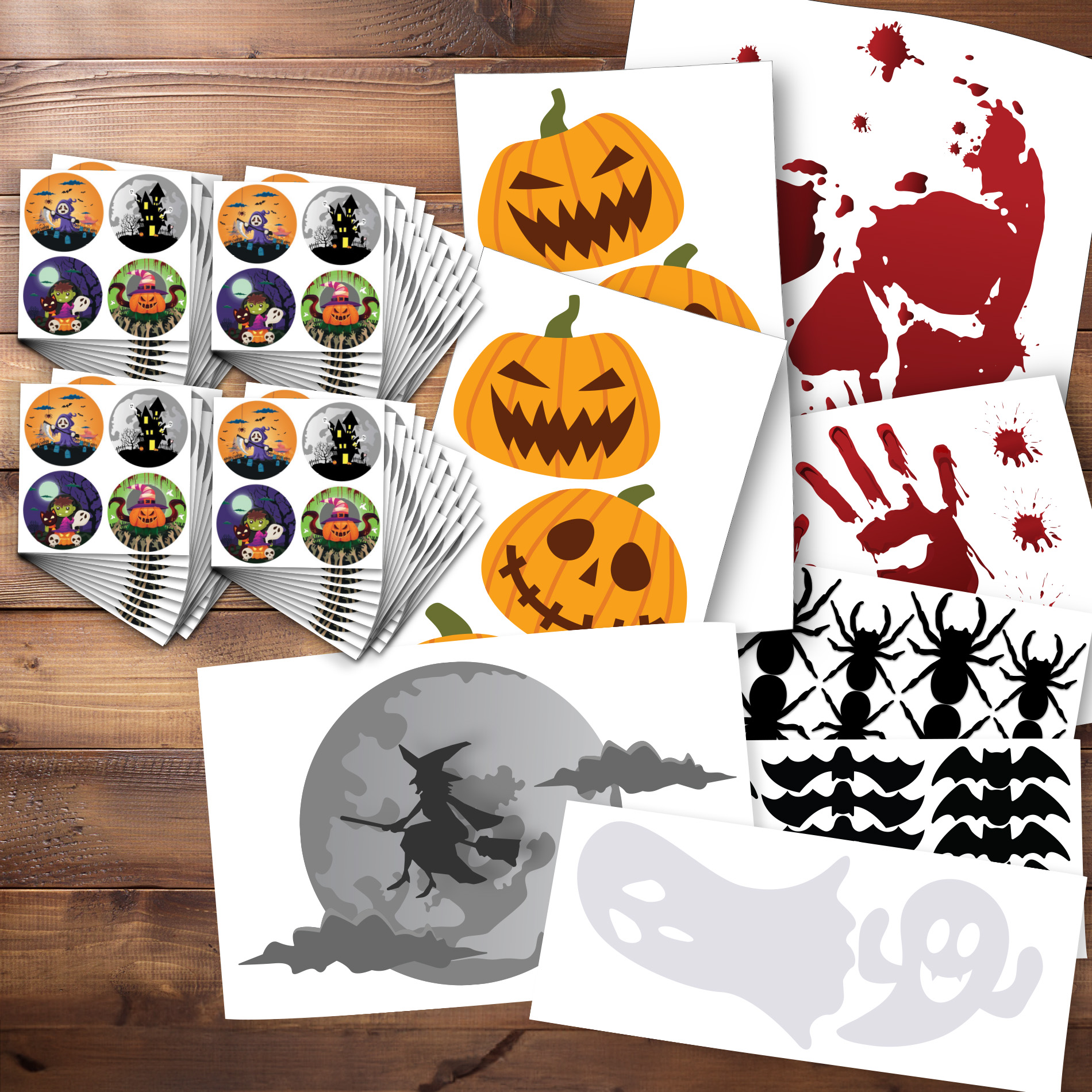 Cartelas de adesivos decorativos para Halloween, mostrando variedade de tamanhos e formatos para aplicação.