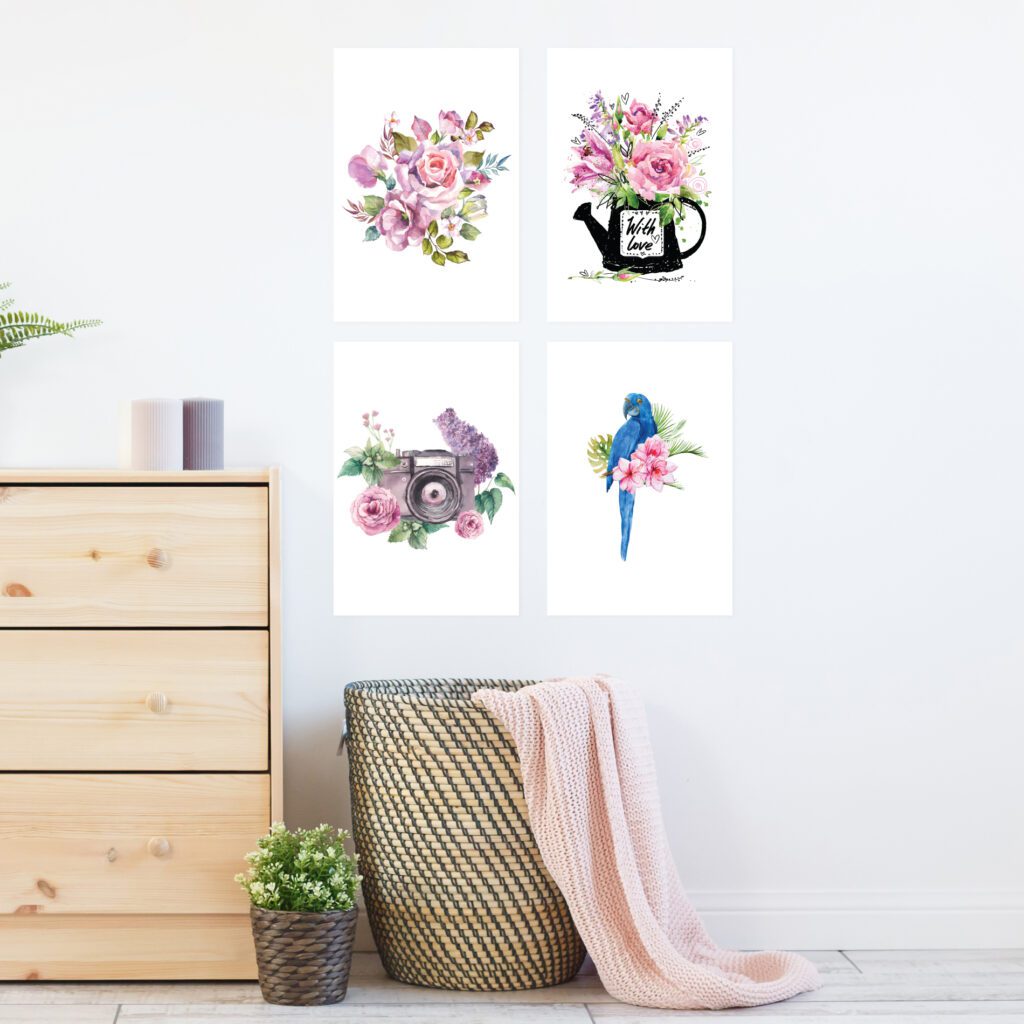 Placas Decorativas para Sala Flores Aquarela 20x30cm Kit 4un