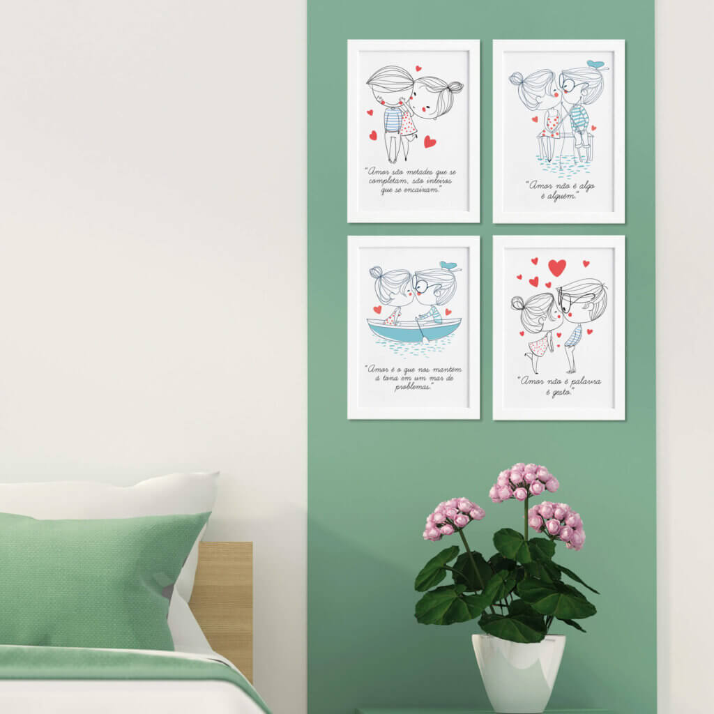 Quadros com Frases Namorados Moldura Branca 22x32cm Kit 4un