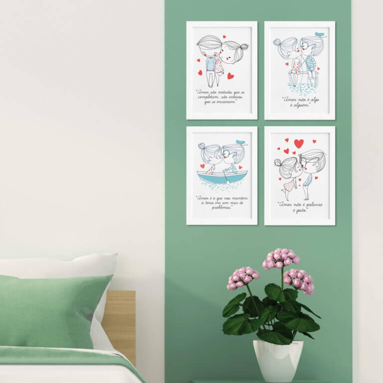 Quadros com Frases Namorados Moldura Branca 22x32cm Kit 4un