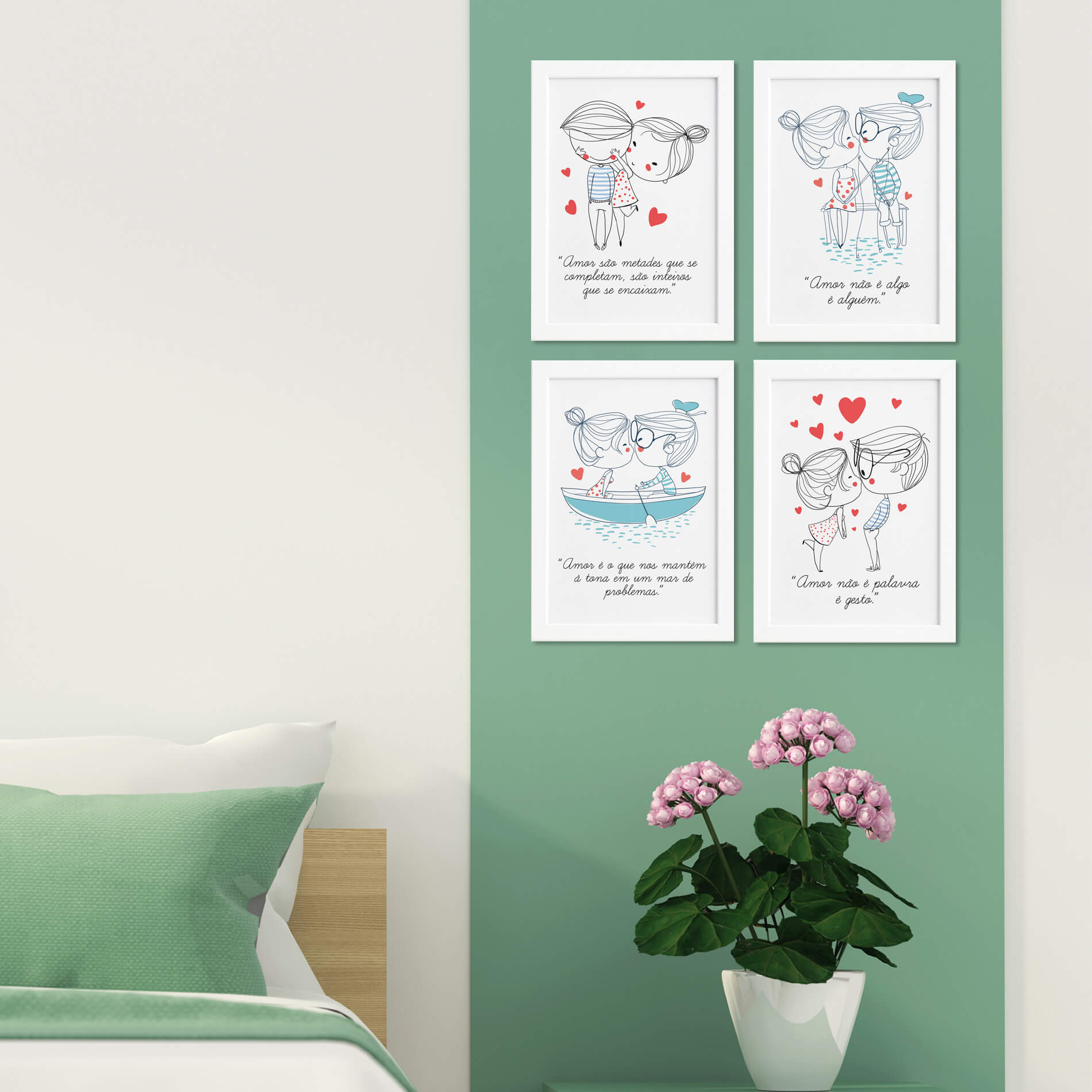 Quadros com Frases Namorados Moldura Branca 22x32cm Kit 4un