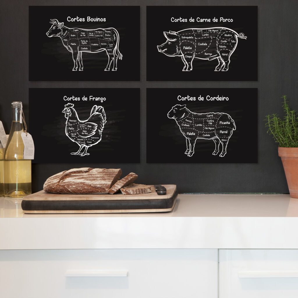 Placas Decorativas Cozinha Cortes de Churrasco 30x40cm Kit 4un