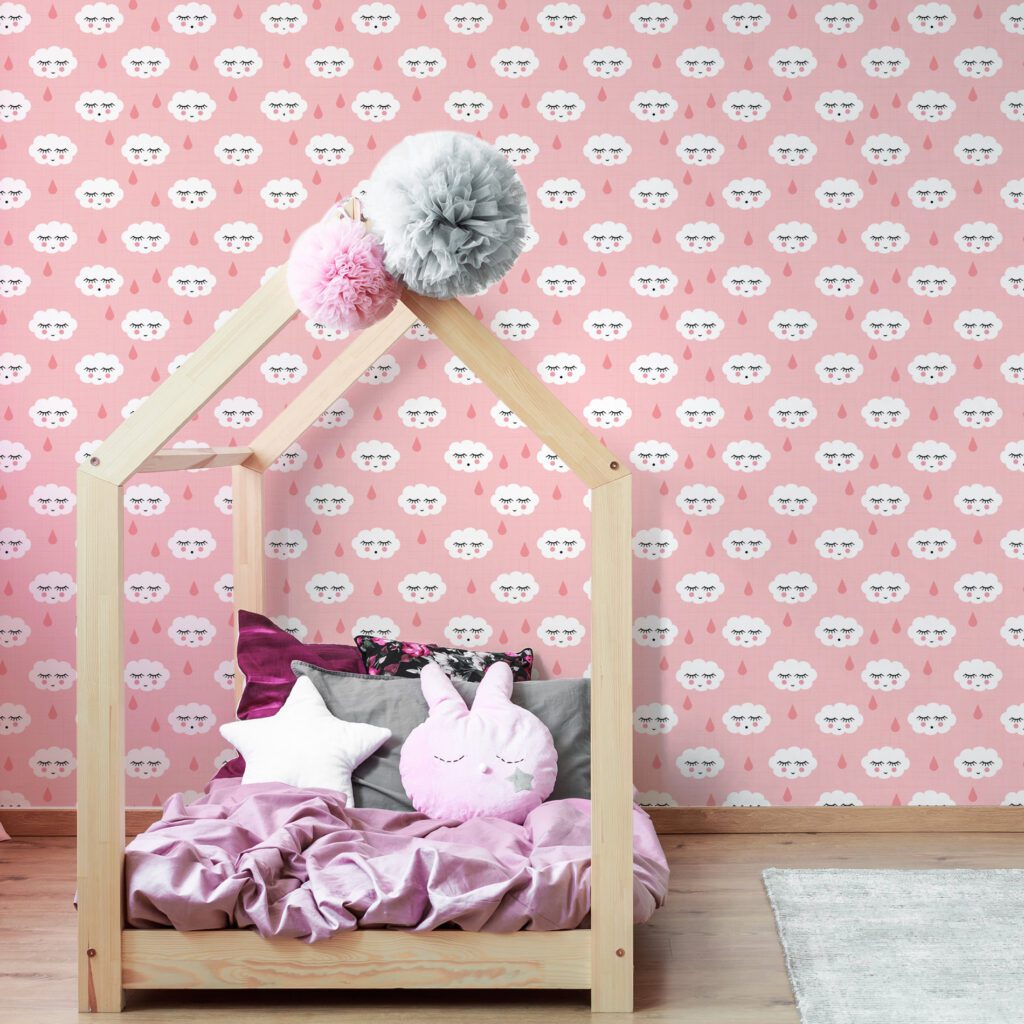 Papel de Parede Infantil Nuvens com Gotinhas Rosa 2,70×0,57m