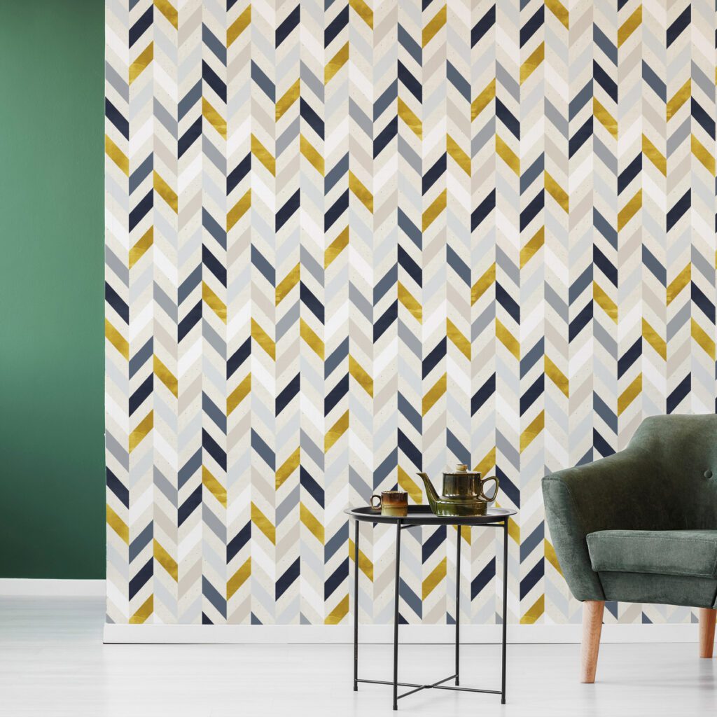 Papel de Parede Geométrico Chevron Marinho Gold 57x270cm