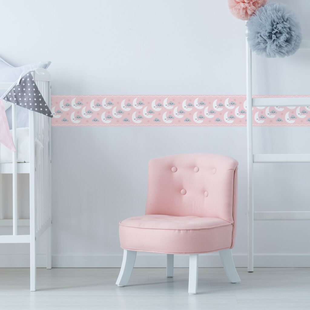 Faixa de Parede Nuvens e Lua Rosa Quarto de Meninas