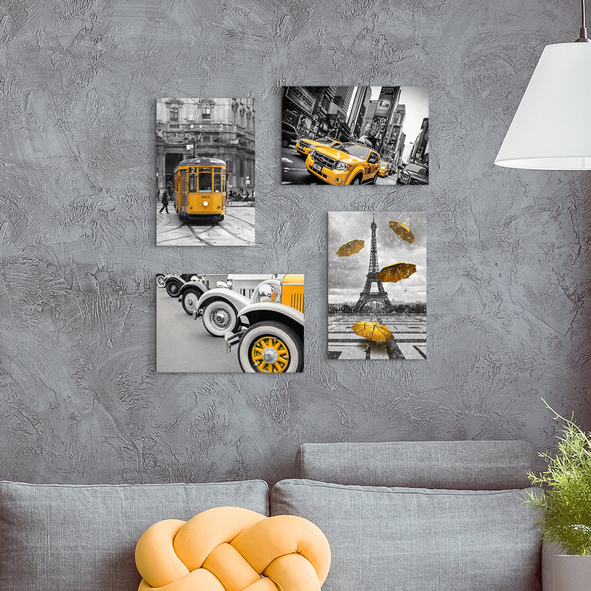 Placa Decorativa MDF Cidades Detalhe Amarelo Kit 4un 20x30cm
