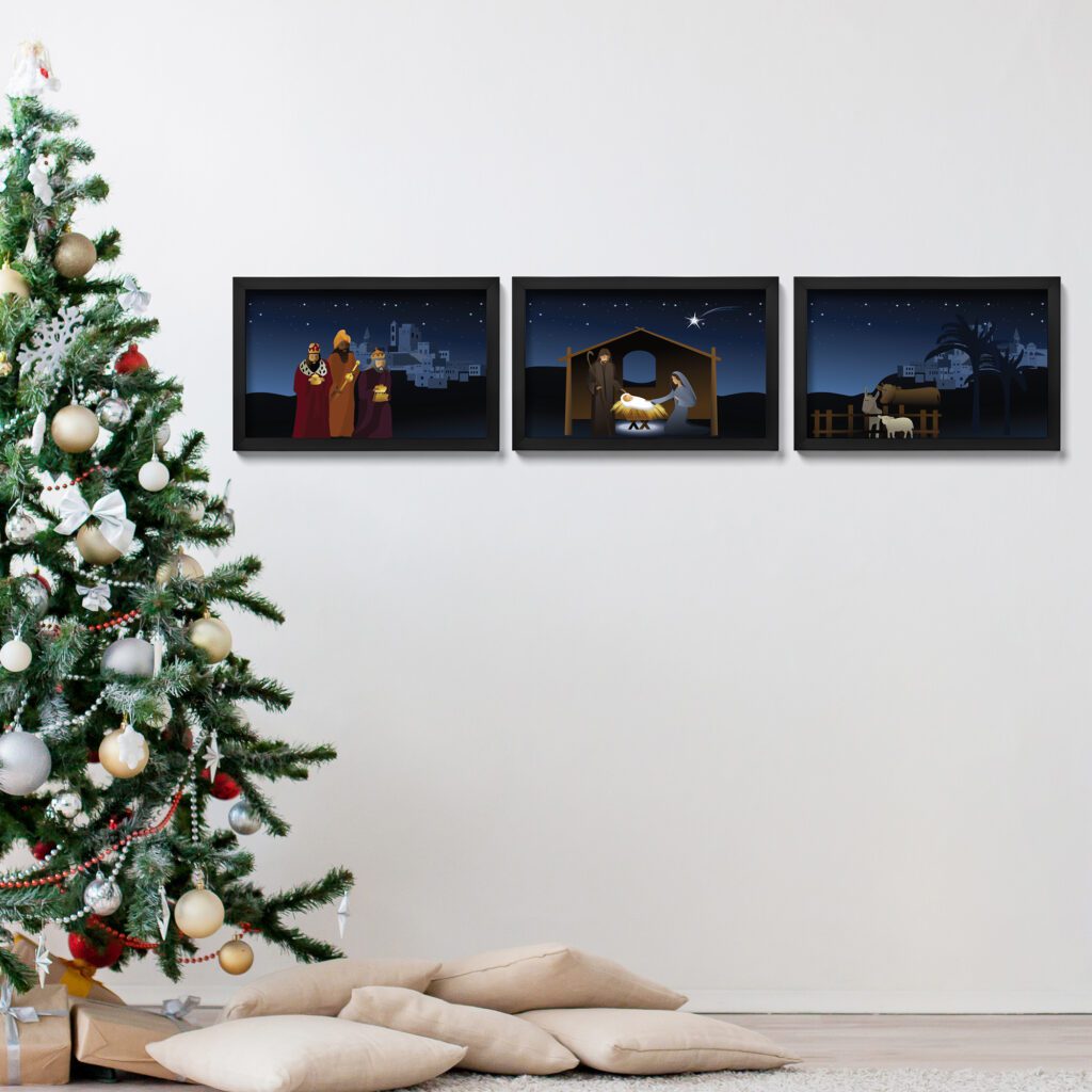 Presépio de Parede Quadro Natalino Noite de Natal – kit com 3 quadros