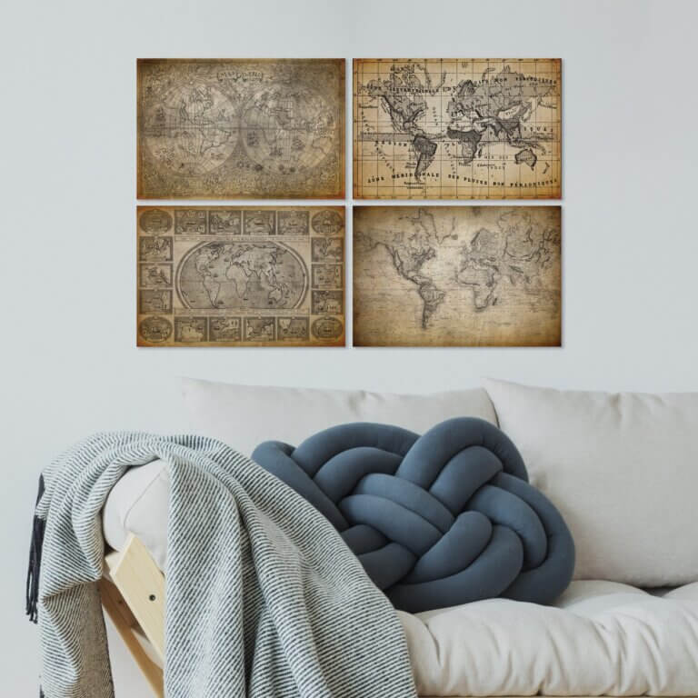 Placas Mapas Antigos Vintage Moldura Preta 22x32cm Kit 4un