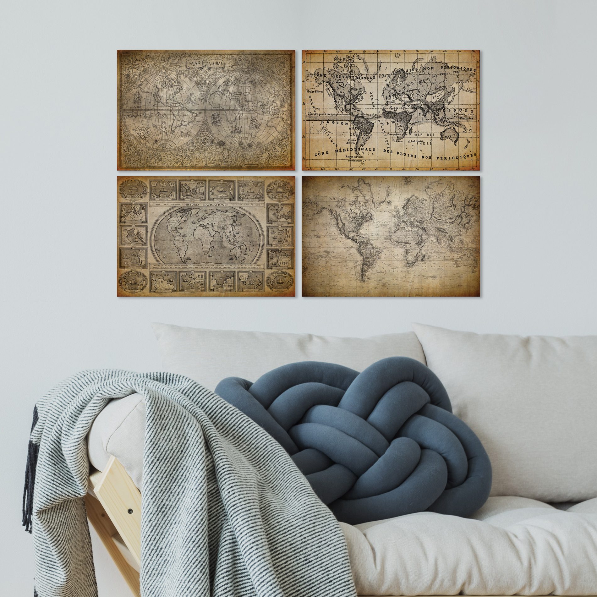 Placas Mapas Antigos Vintage Moldura Preta 22x32cm Kit 4un