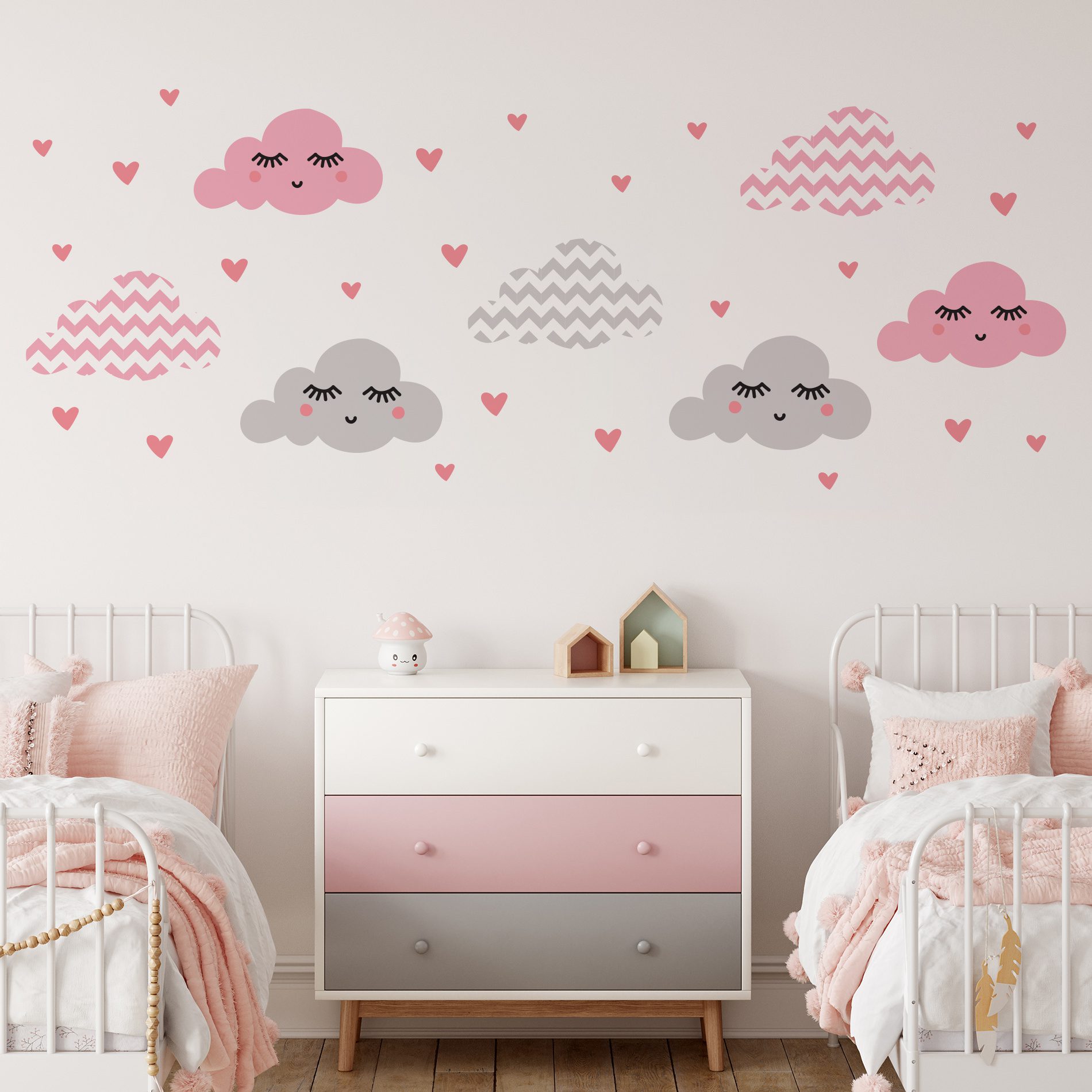 Adesivo de Parede Infantil Nuvens Chevron Rosa