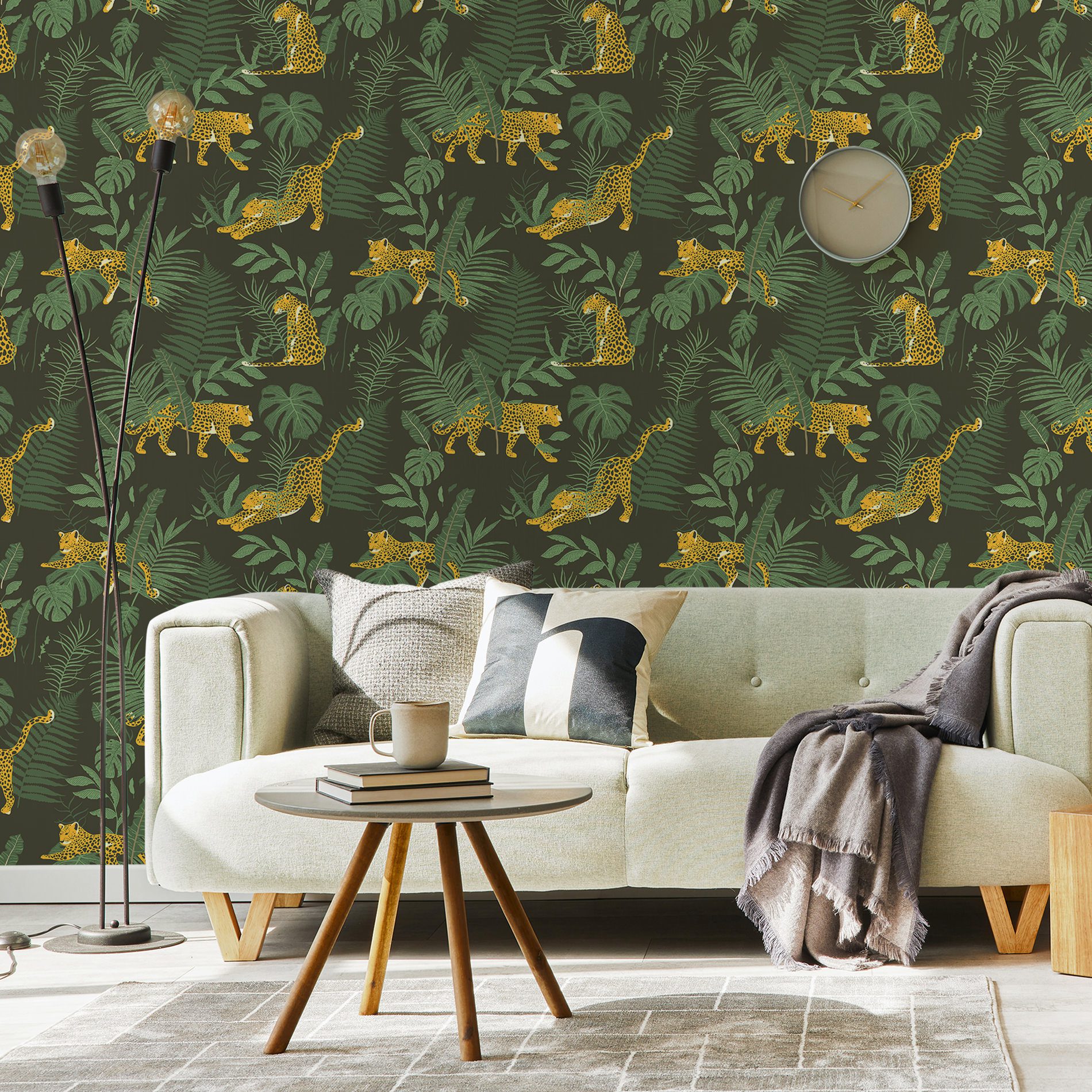 Papel de Parede Folhagem e Onça rolo 57x270cm