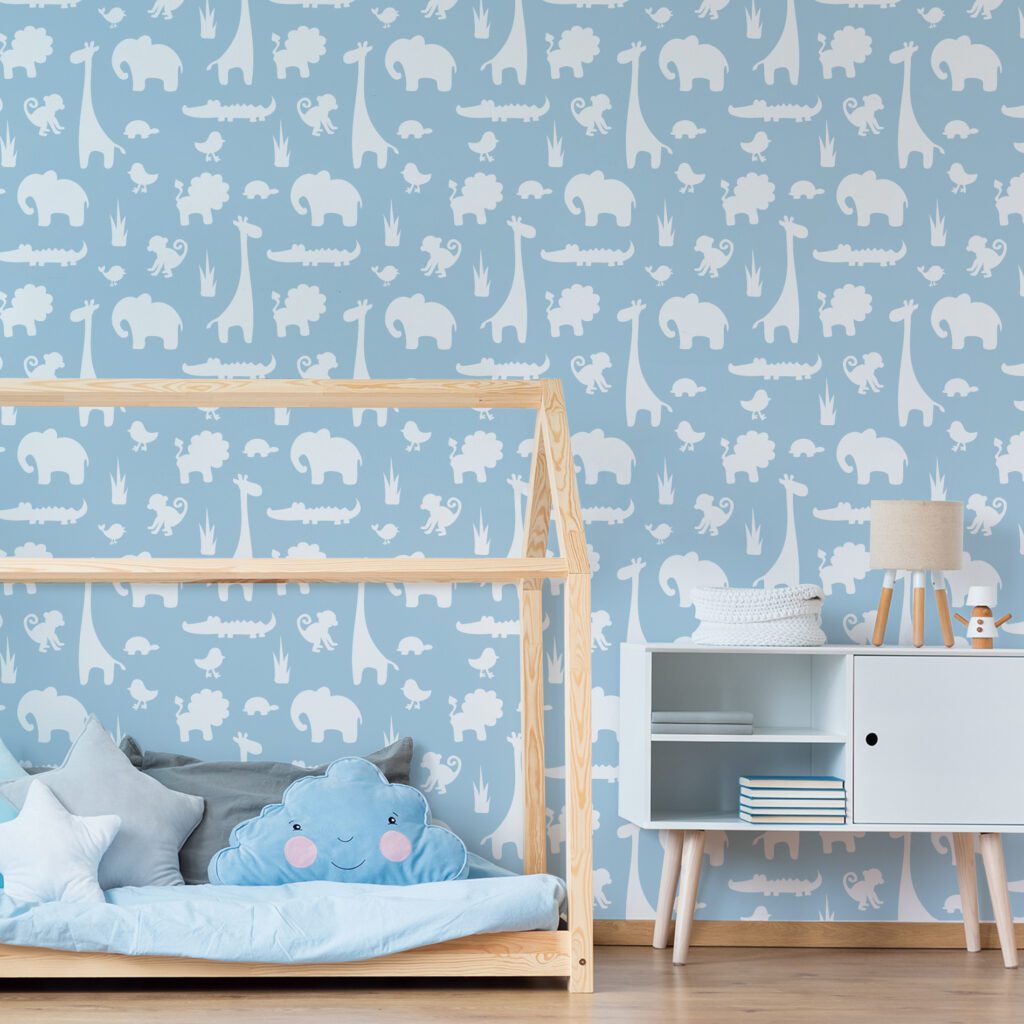 Papel de Parede Infantil Animais Azul rolo 57x270cm
