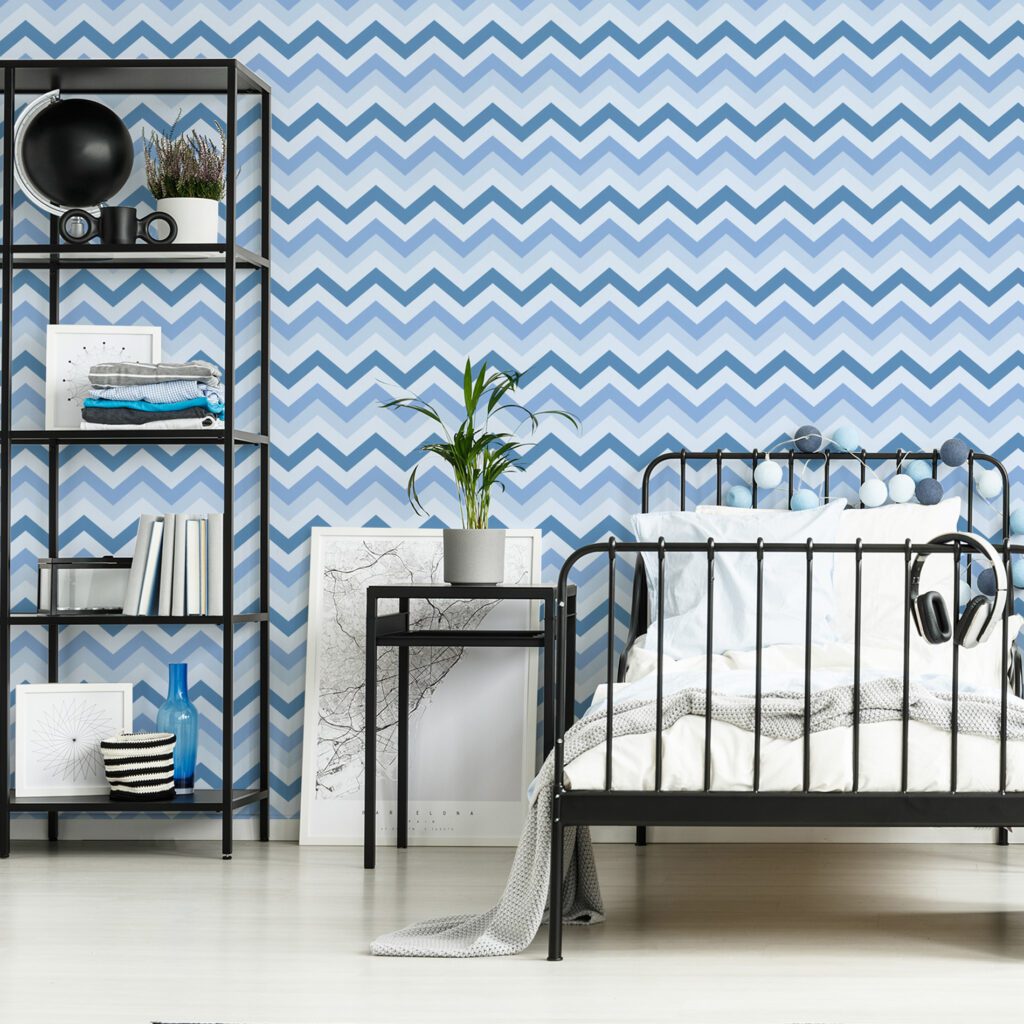 Papel de Parede Chevron Geométrico Tons Azuis 57x270cm