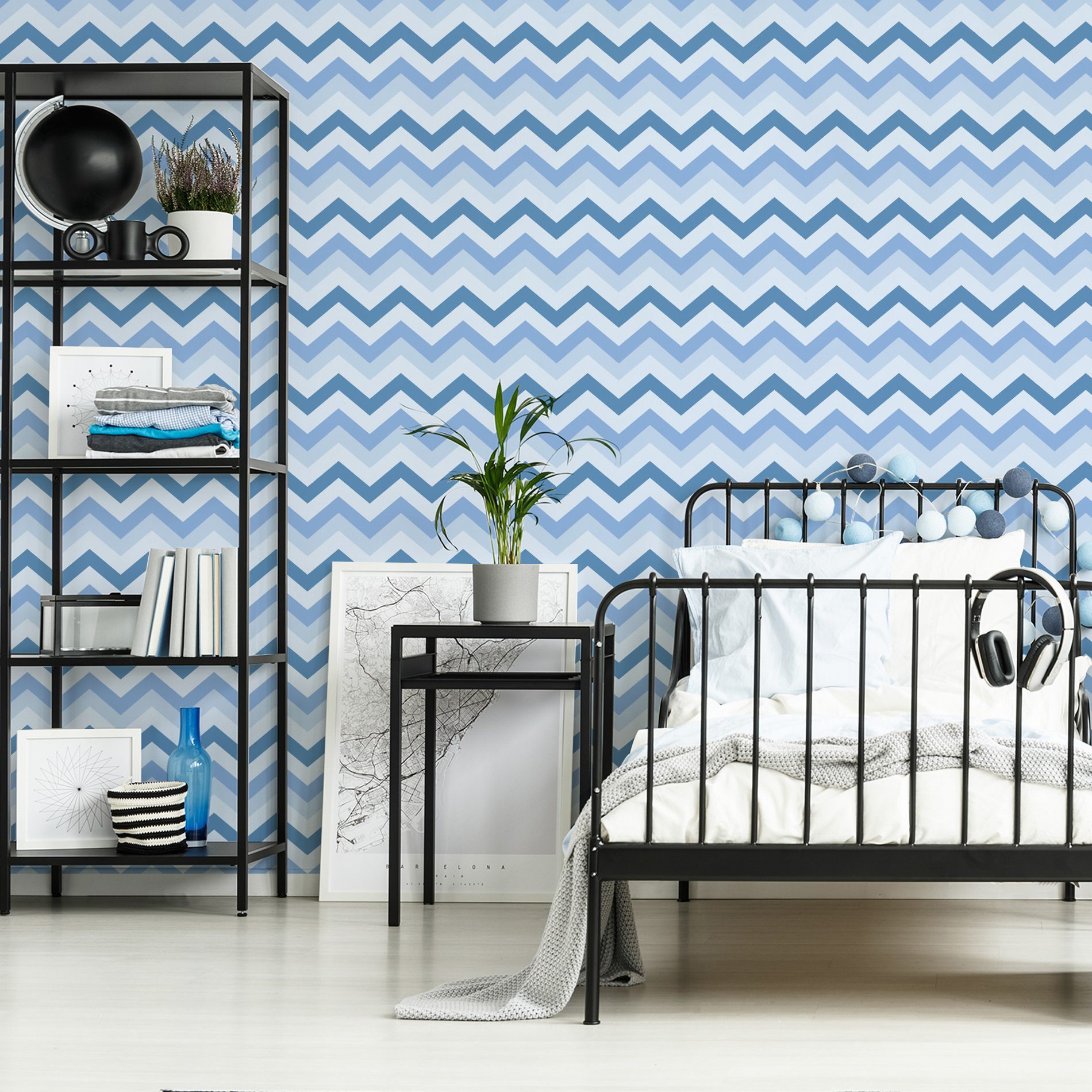 Papel de Parede Chevron Geométrico Tons Azuis 57x270cm