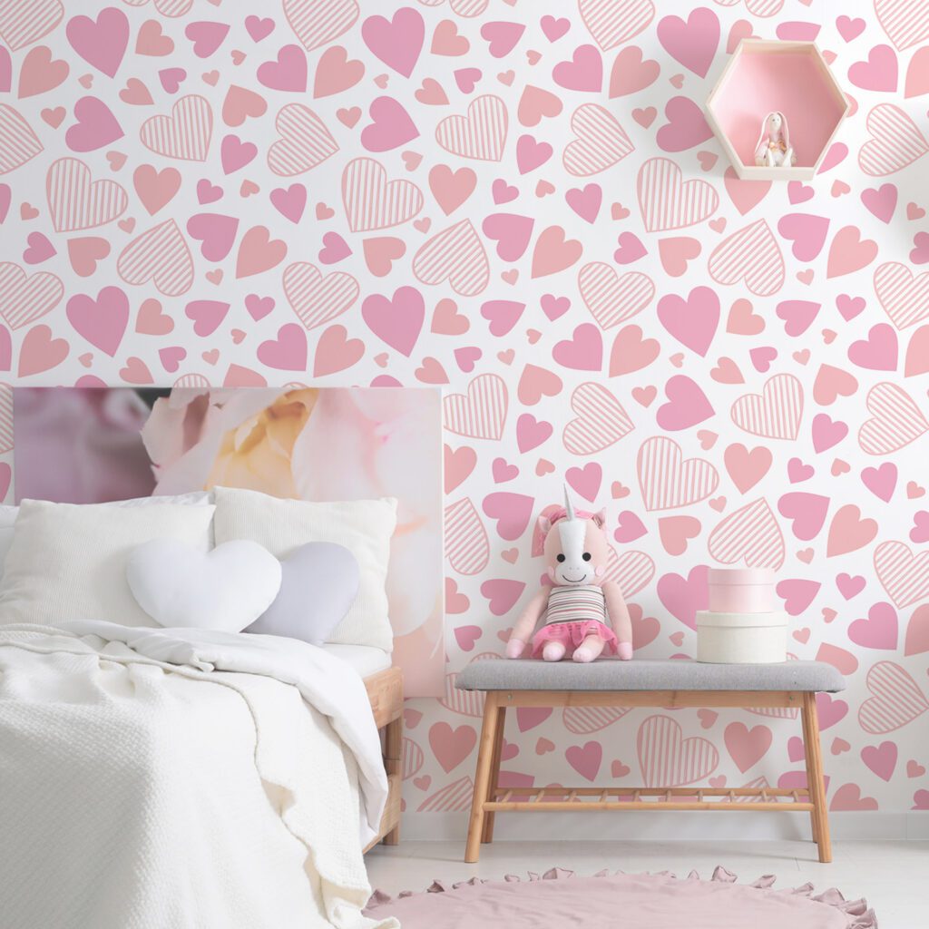 Papel de Parede Corações Tons de Rosa 57x270cm