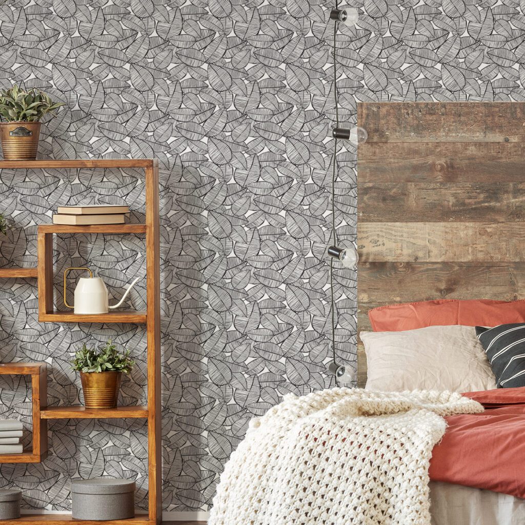 Papel de Parede Folhagem Preto e Branco 57x270cm
