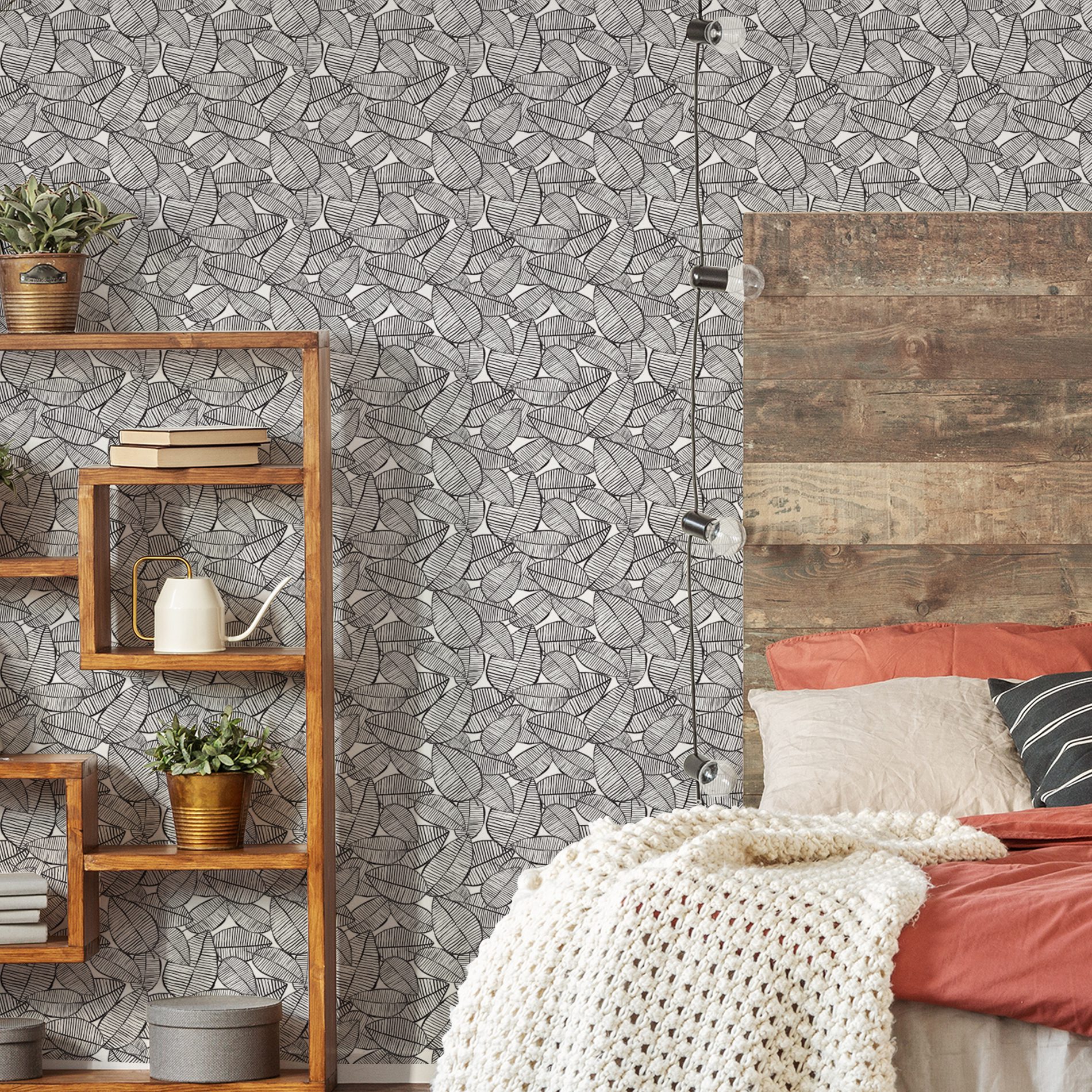 Papel de Parede Folhagem Preto e Branco 57x270cm