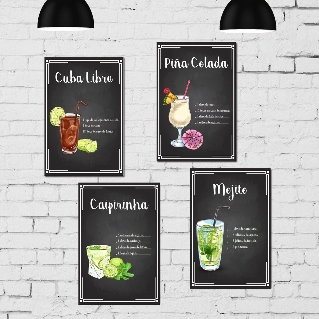 Placa Decorativa MDF Cozinha Receitas Drinks Kit 4un 20x30cm