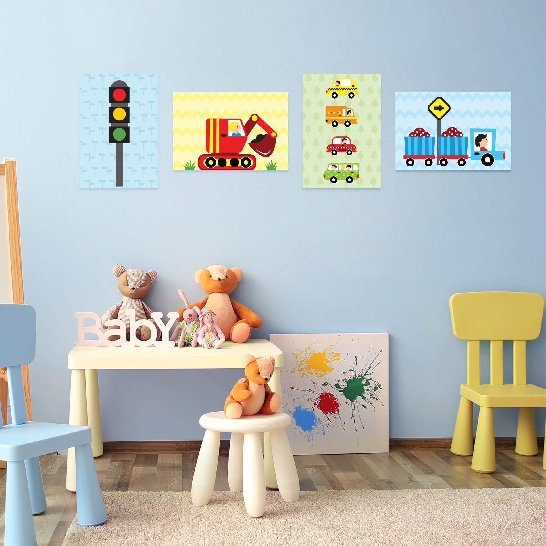 Placa Decorativa MDF Infantil Carros na Cidade Kit 4un 20×30