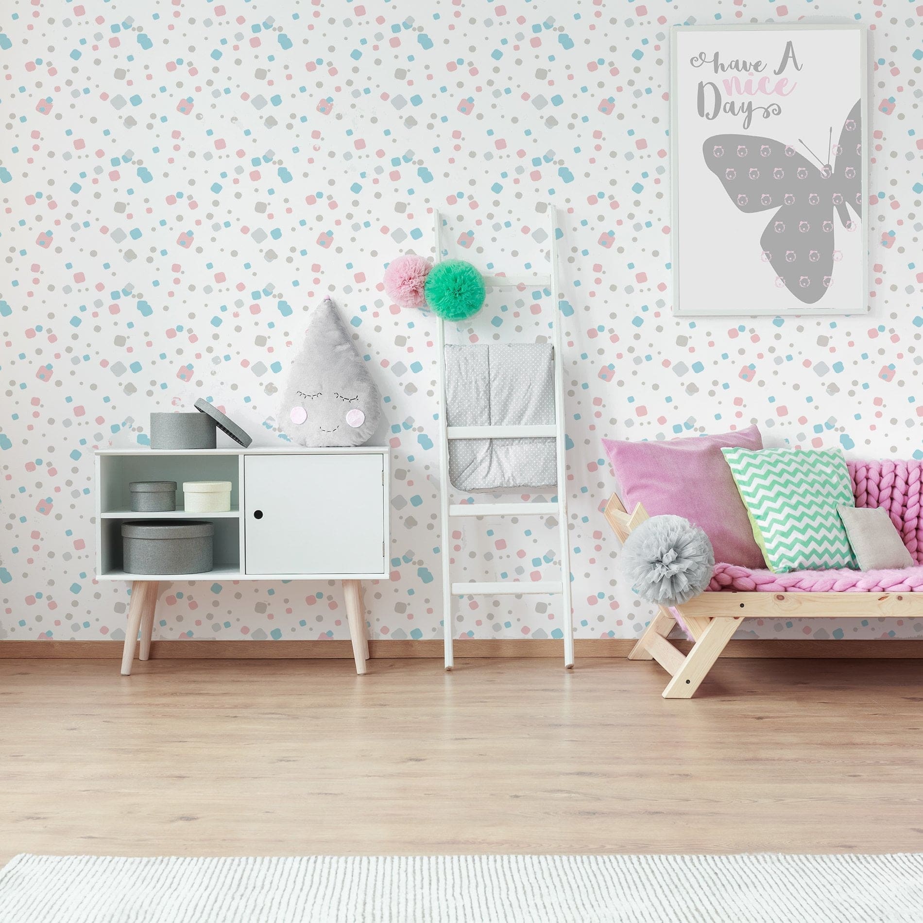 Papel de Parede Quadrados Azul Cinza e Rosa