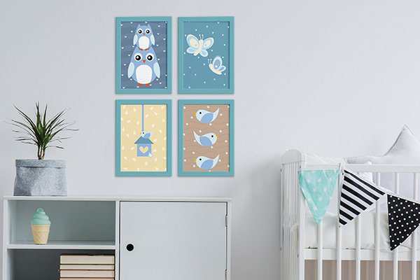 Quadros Coruja Baby Azul Moldura Azul 22x32 4un