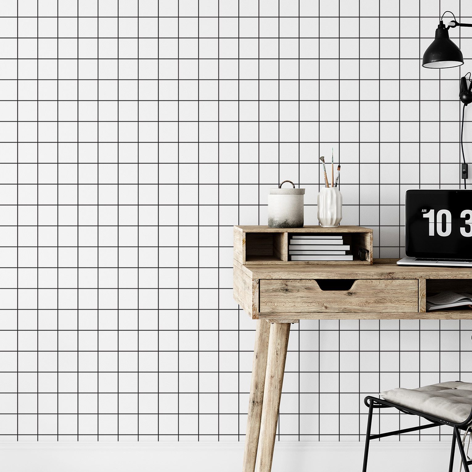 Papel de Parede Branco Geométrico Quadriculado Grid 57x270cm