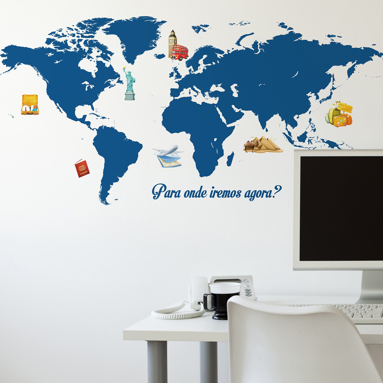 Adesivo de Parede Mapa Mundo Afora 122x60cm e Adesivos Pins