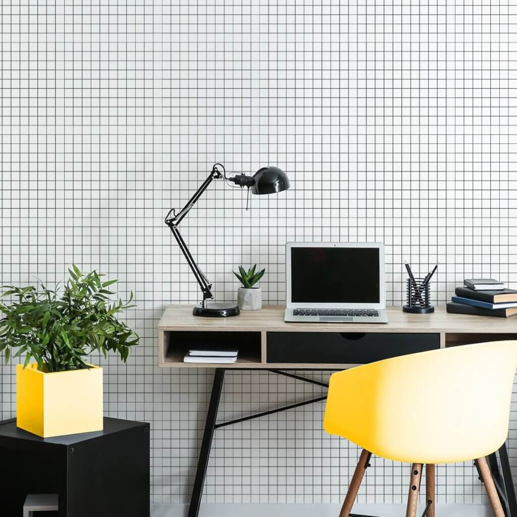 Papel de Parede Branco Geométrico Quadriculado Grid 57x270cm