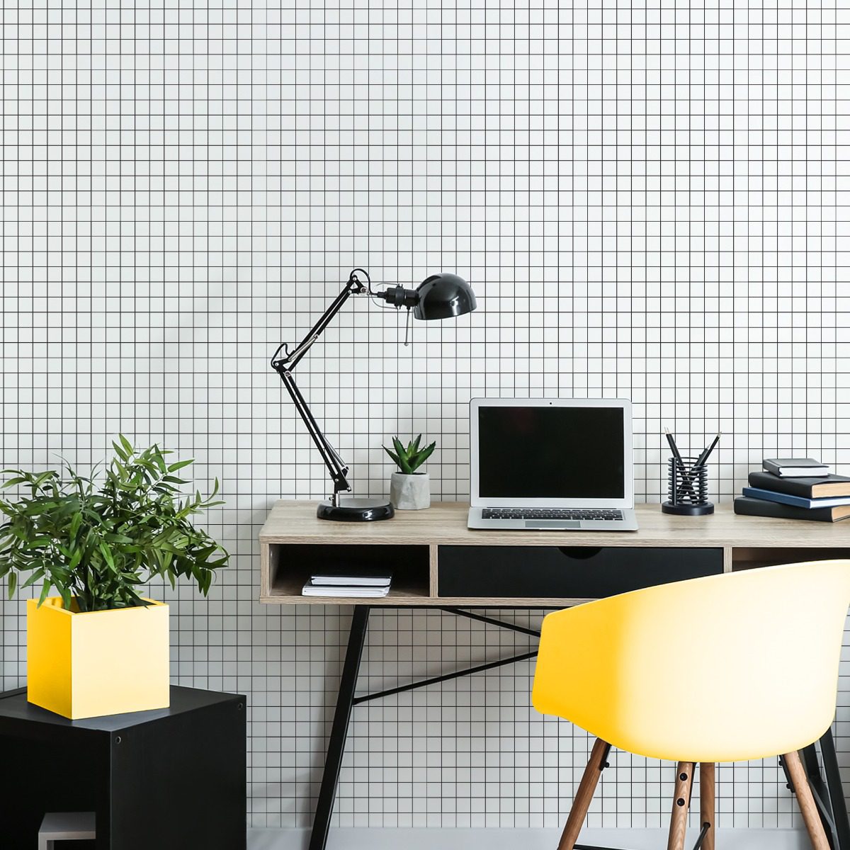 Papel de Parede Branco Geométrico Quadriculado Grid 57x270cm