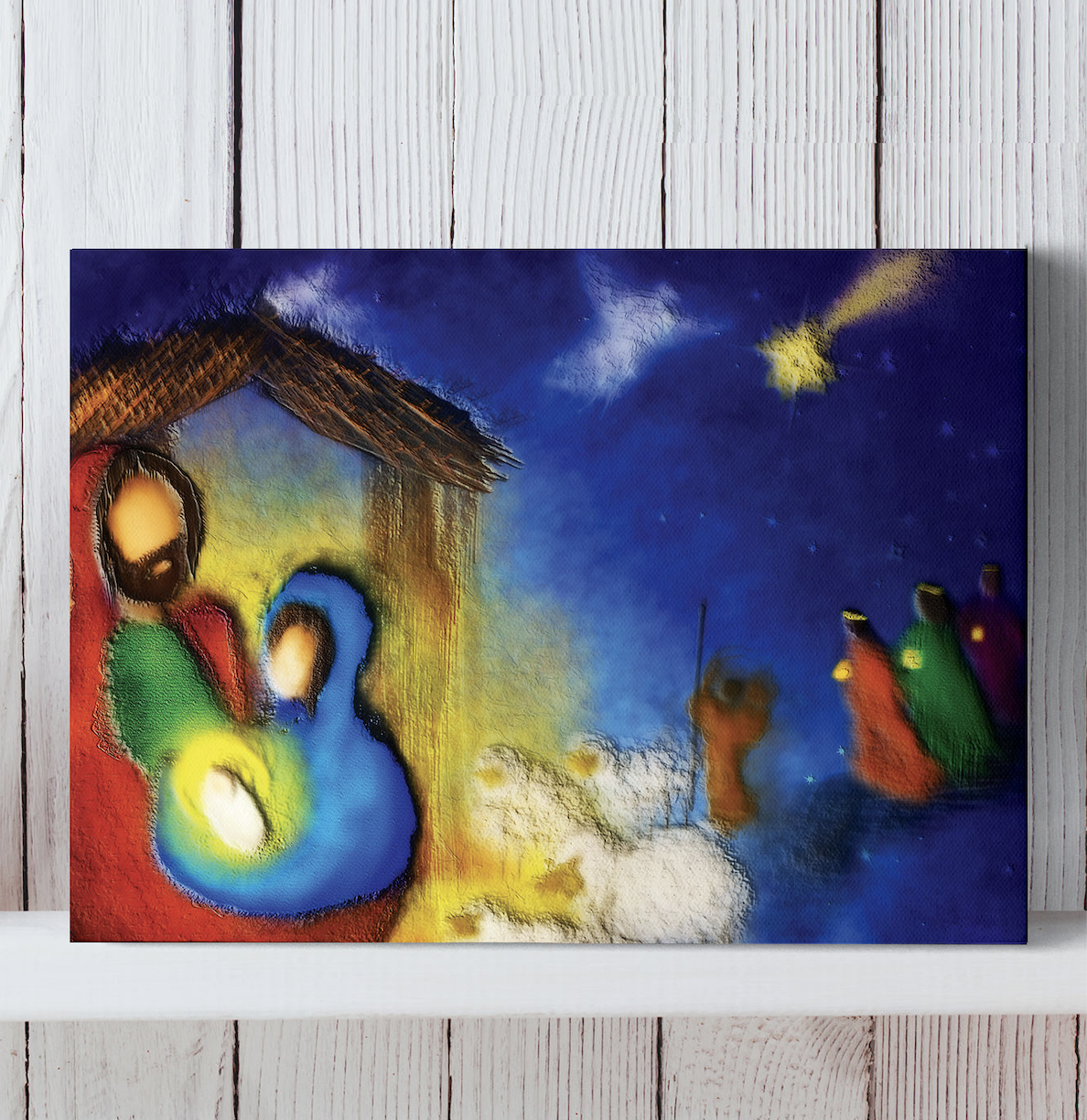 Placa decorativa retangular 40x60cm mostrando o presépio de Natal para aplicação na parede.