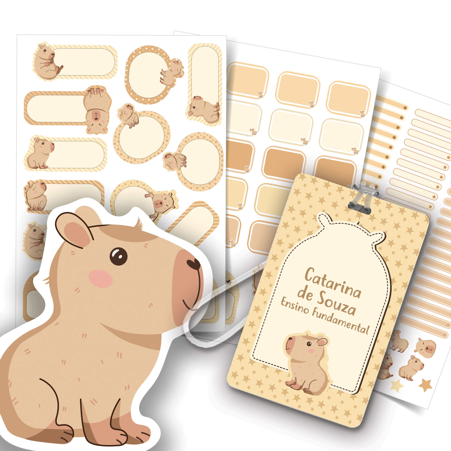 Imagem de etiqueta escolar bege de capivara com fundo branco