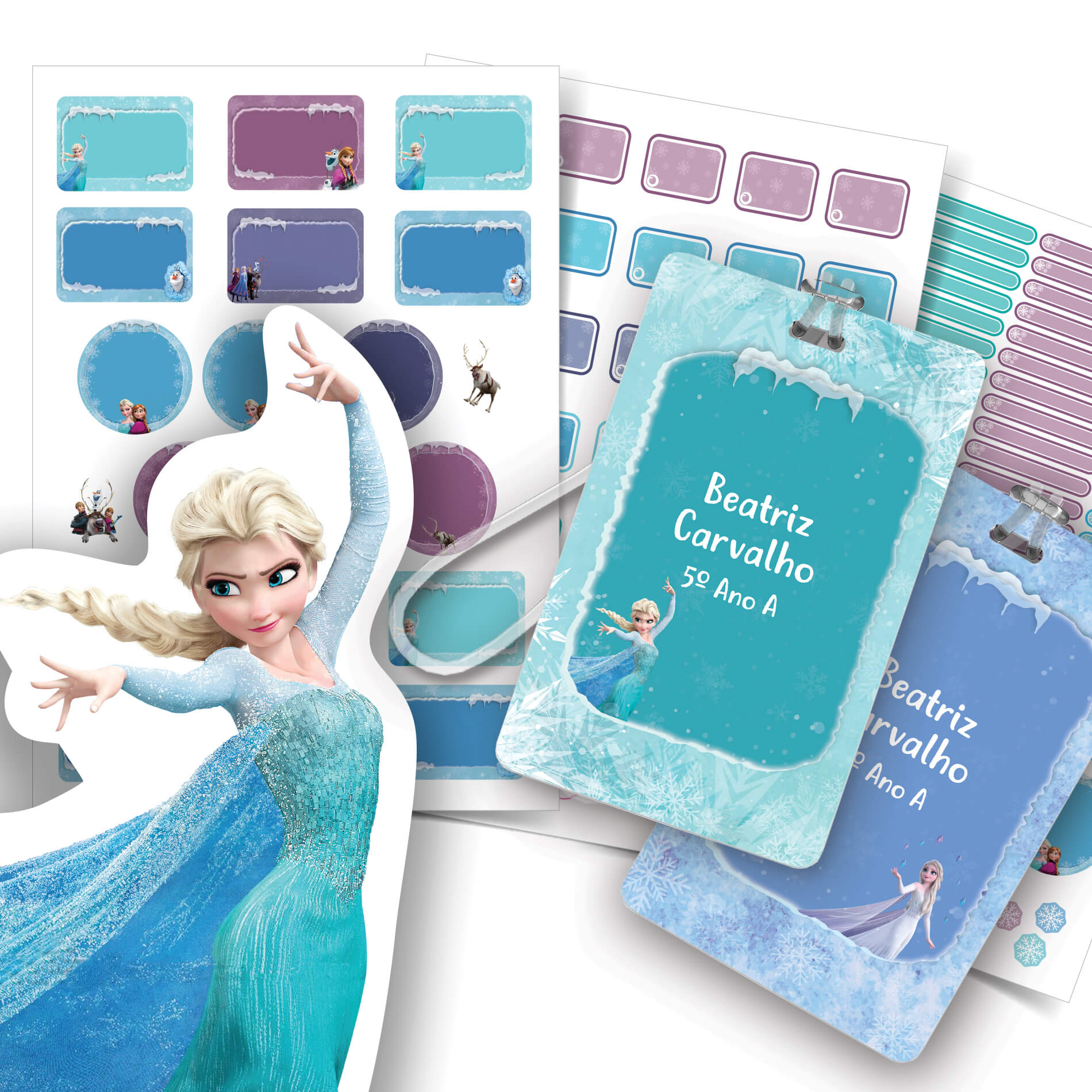 Etiquetas escolares personalizadas com tema Frozen, incluindo 2 tags para mochila, em tons de azul, lilás e roxo, com personagens Elsa, Anna, Olaf e Sven.