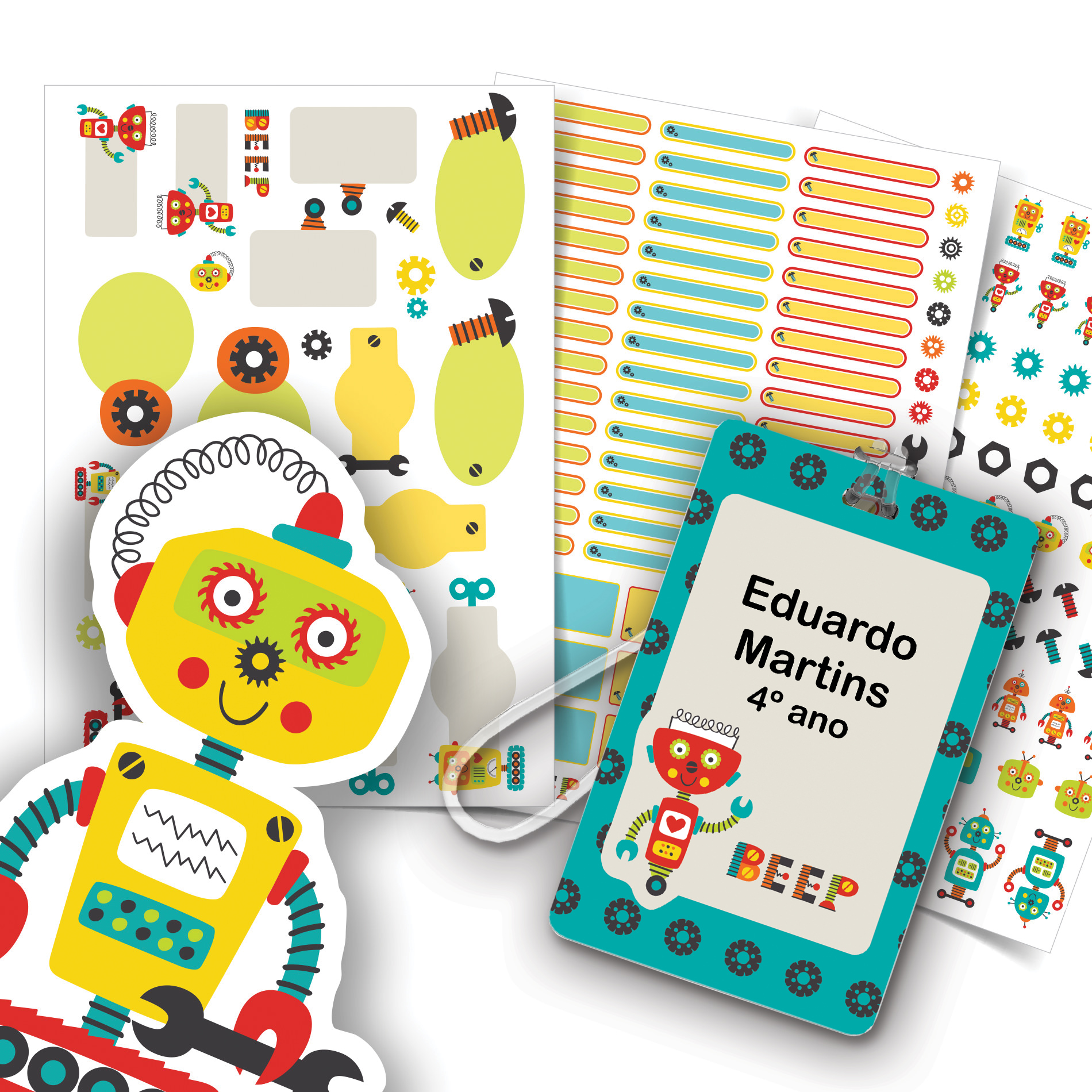 Imagem de etiqueta escolar de robos em fundo branco