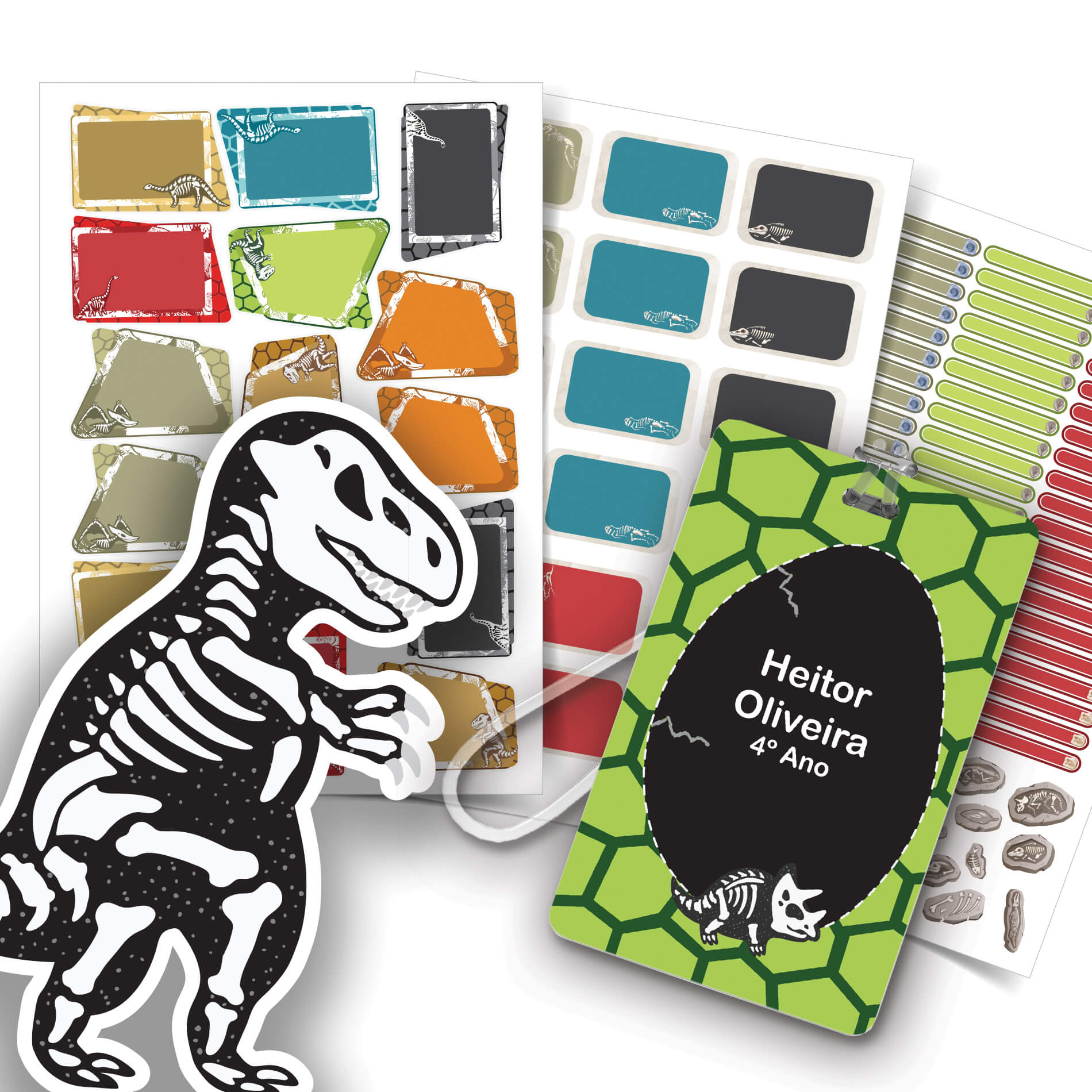 Imagem de etiqueta escolar de dinossauro em fundo branco