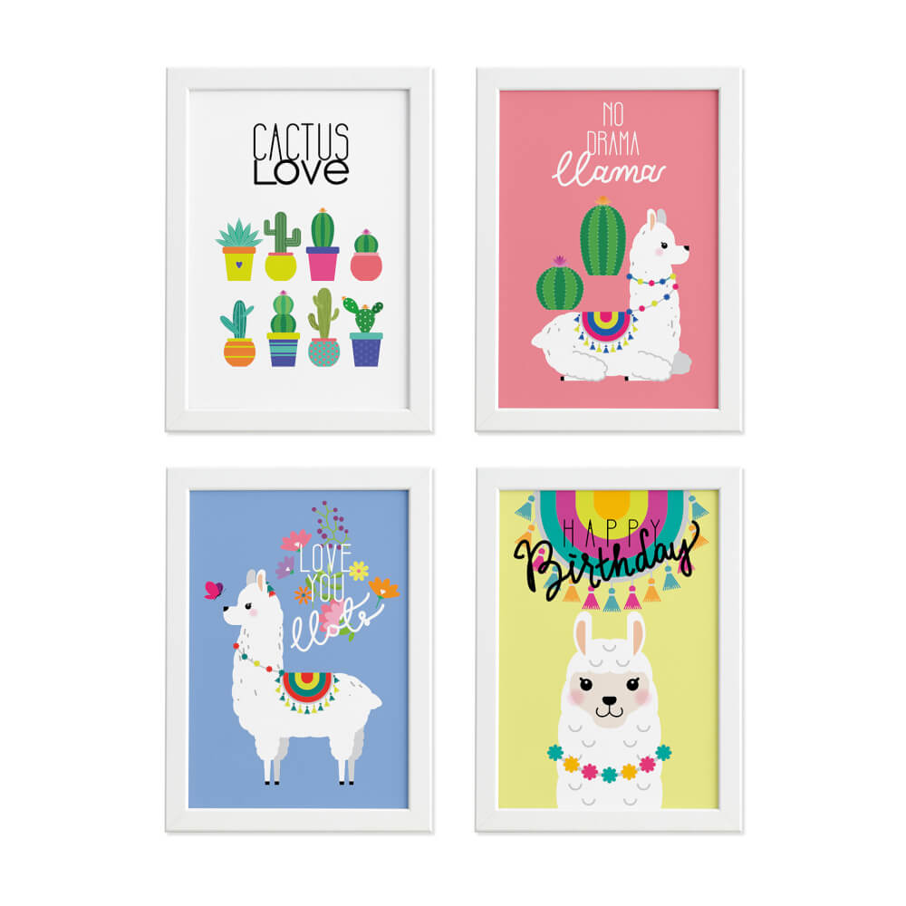 Kit de quadros decorativos com moldura branca, cada quadro medindo 22x32 cm, ideal para decoração infantil.
