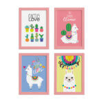 Kit Quadros Decorativos Lhama 2 Moldura Rosa 4un 22x32cm