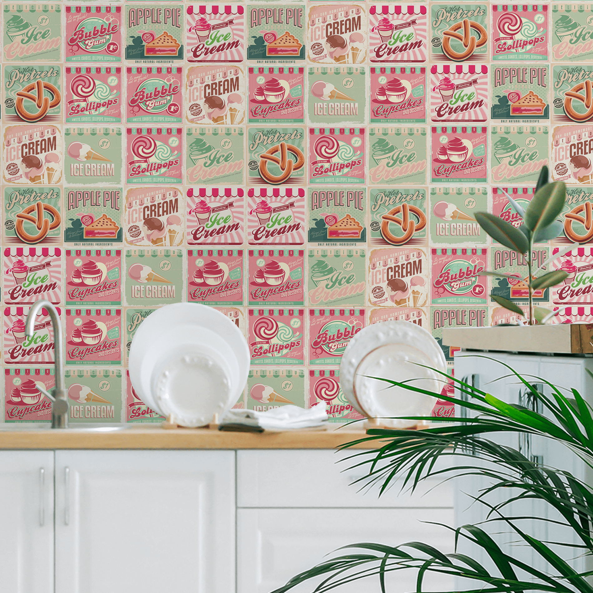 Imagem ilustrativa do papel de parede adesivo vintage candy aplicado em cozinha, mostrando detalhes do padrão e dimensões do rolo 57x270cm.