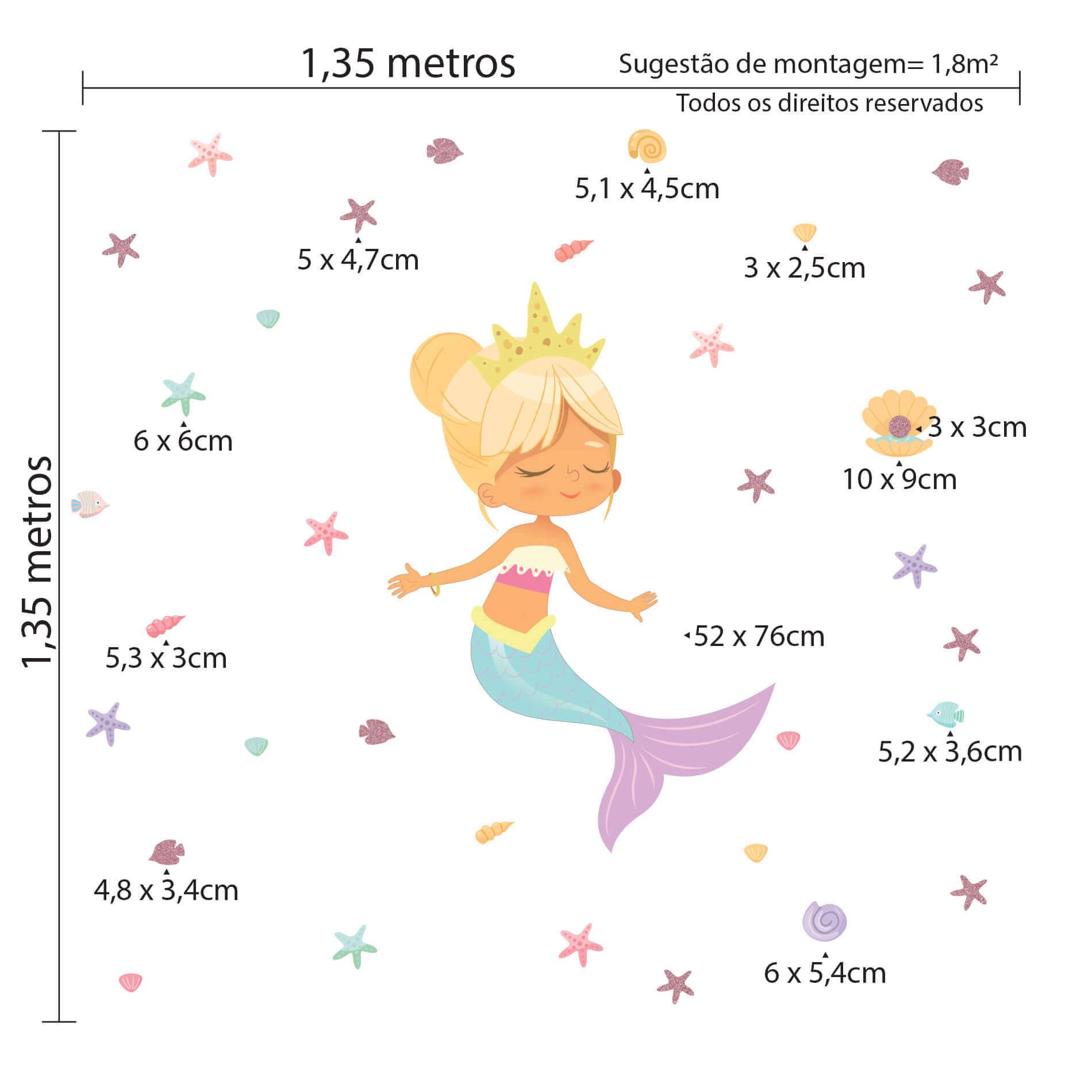 Imagem ilustrativa com medidas do adesivo de parede de sereia menina loira com cabelo preso e glitter, mostrando dimensões totais e individuais.